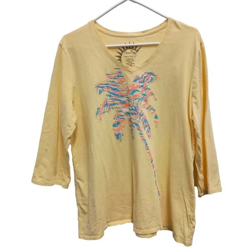 Sun Bay Palm Tree Print Top Womens Large Yellow 3/4 Sleeve UPF 30 V-Neck